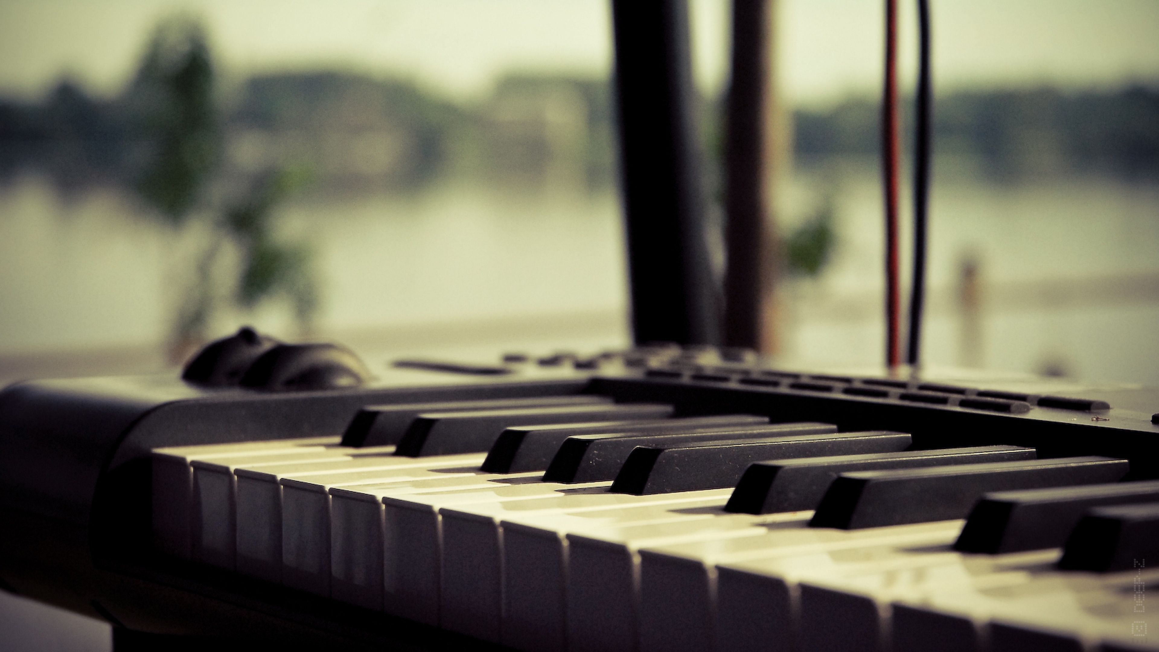 A close up of a piano keyboard with a view of the sea in the background. - Piano