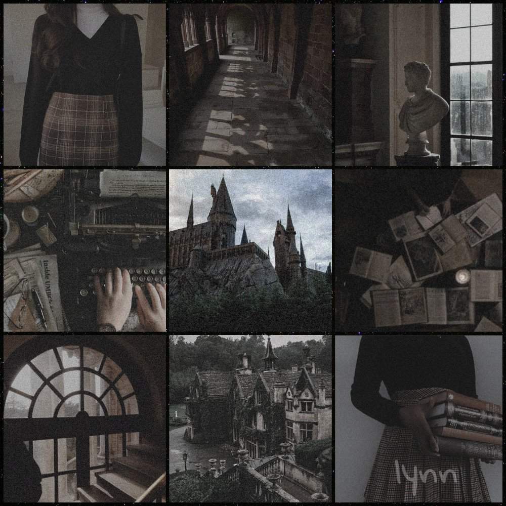 Aesthetic collage of Hogwarts and a girl with a book - Light academia