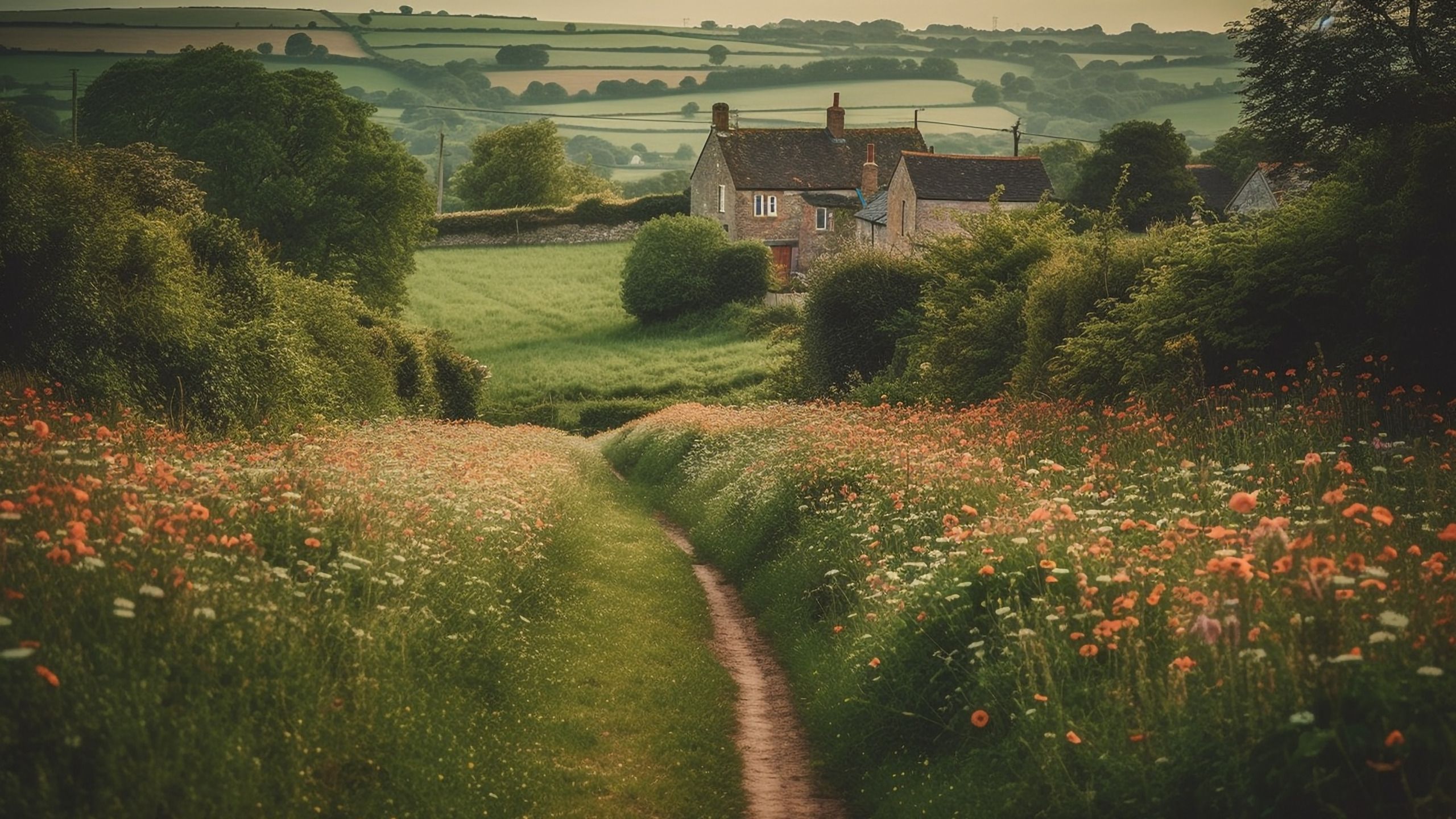 A path leads through a field of flowers to a small house in the distance. - 2560x1440