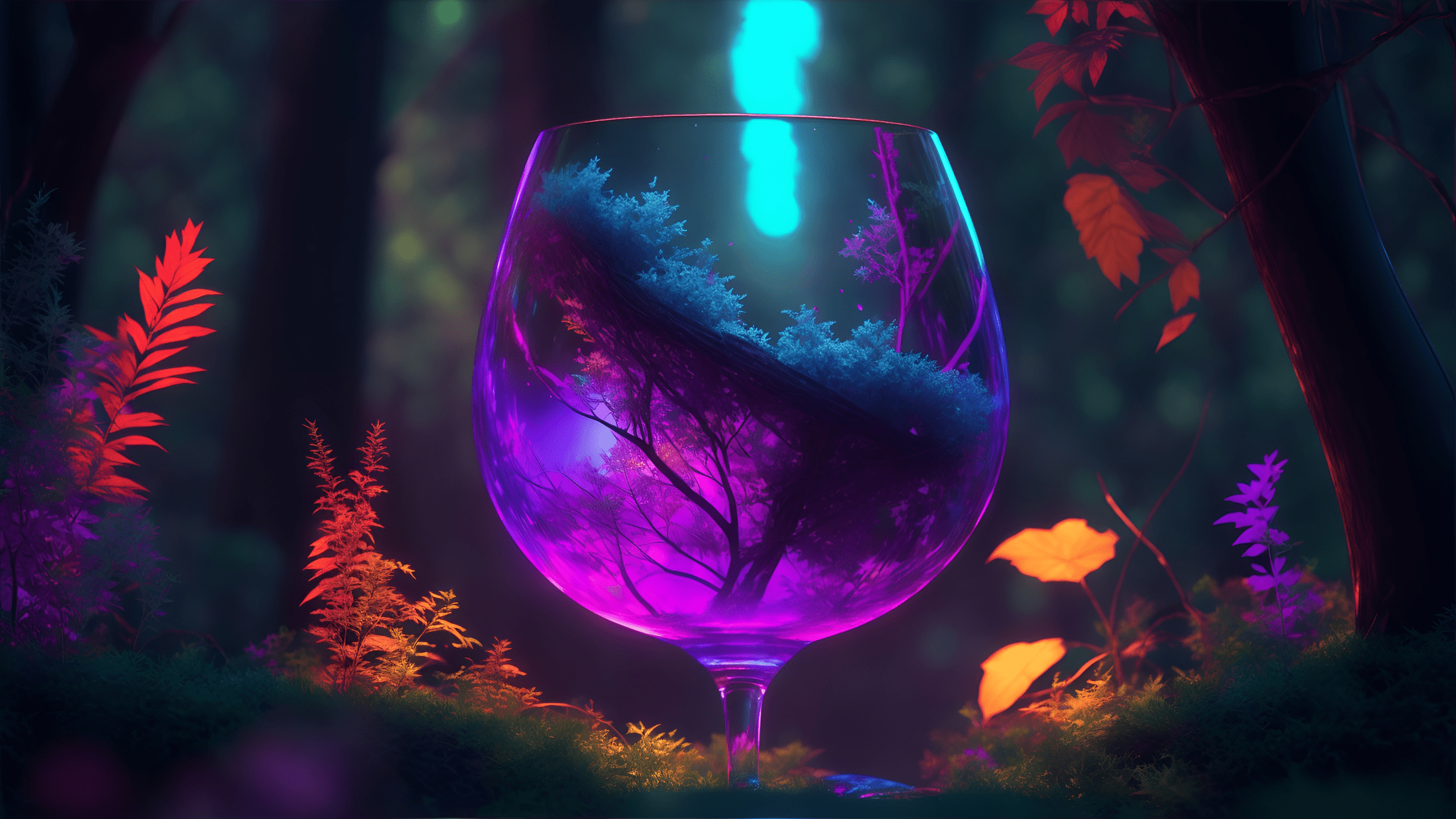 An artistic image of a wine glass with a forest scene inside - 2560x1440