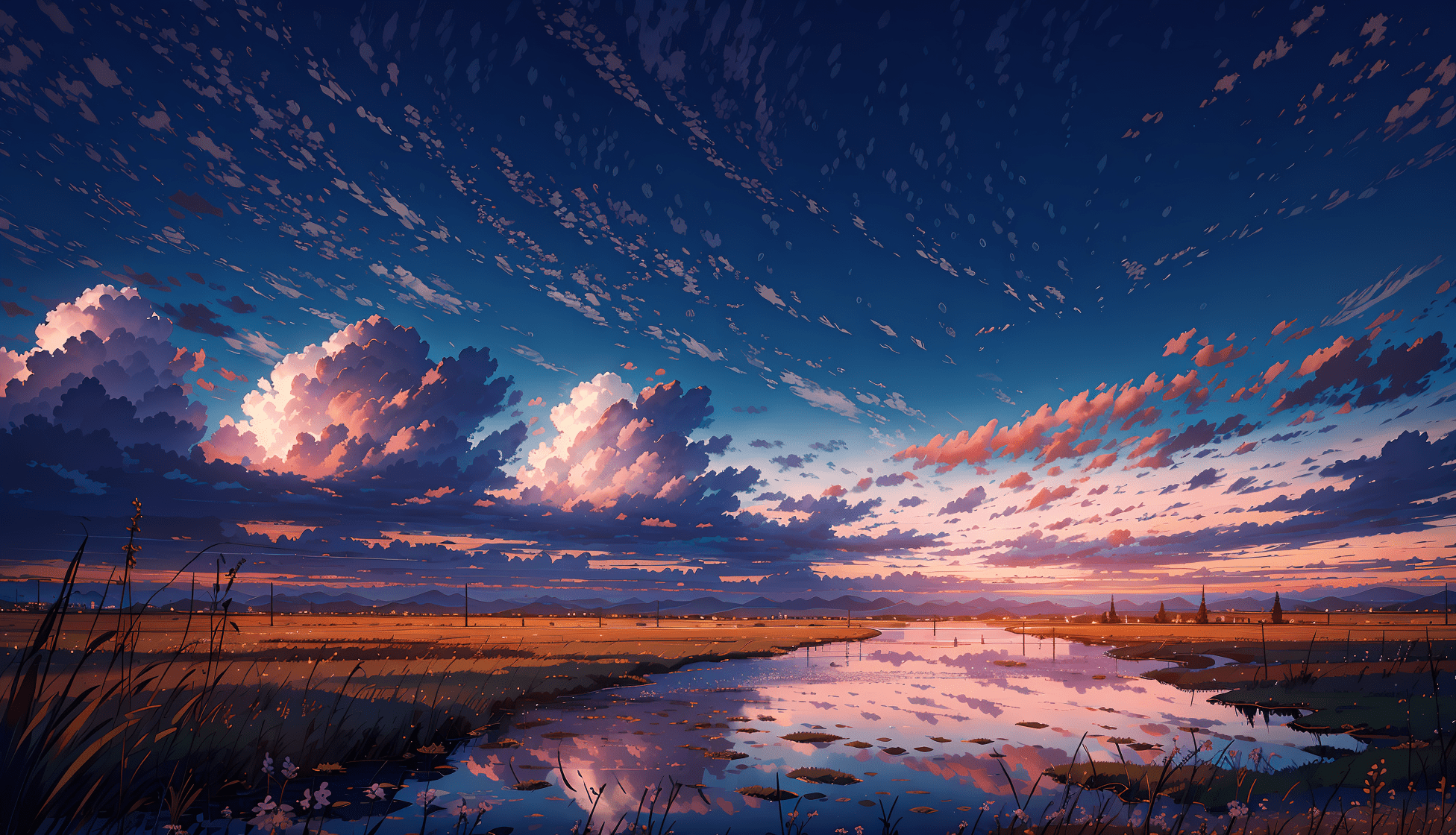 A beautiful anime landscape with a river and clouds in the sky - Anime landscape