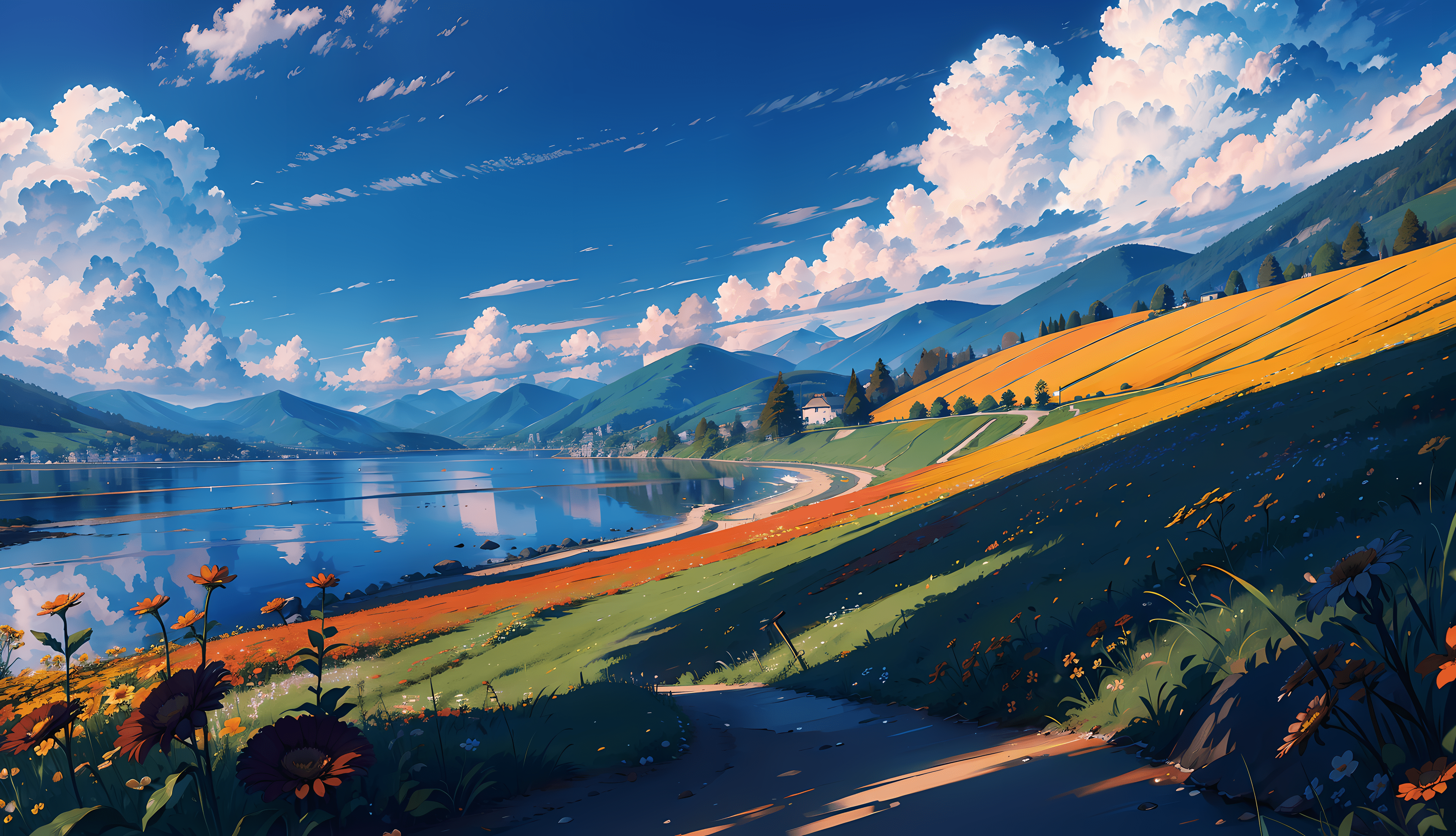 A painting of a road next to a body of water with a mountain in the background - Anime landscape