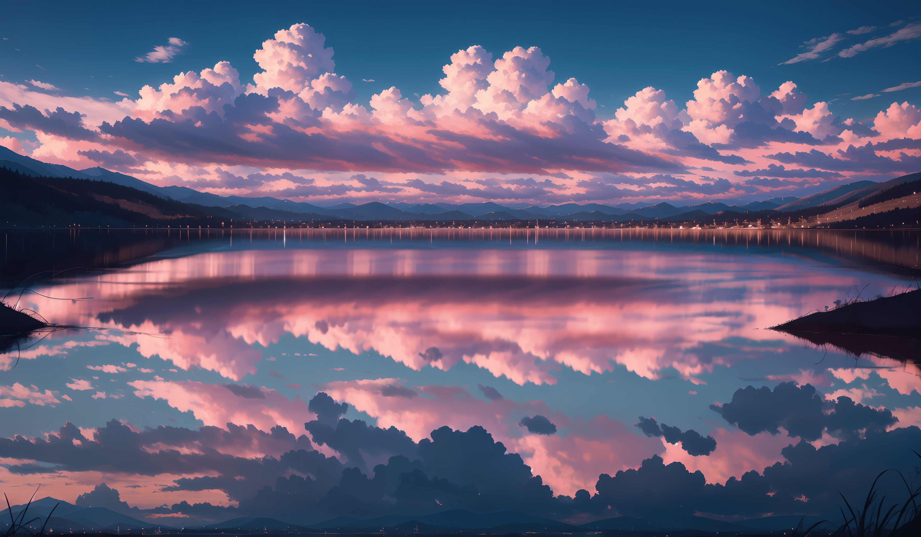 A painting of a pink sunset over a lake - Anime landscape