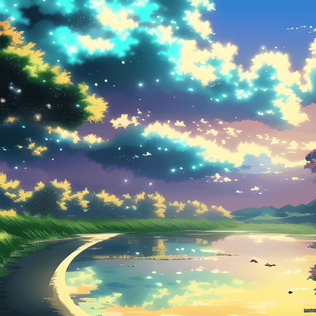 A painting of a river at night with stars in the sky - Anime landscape