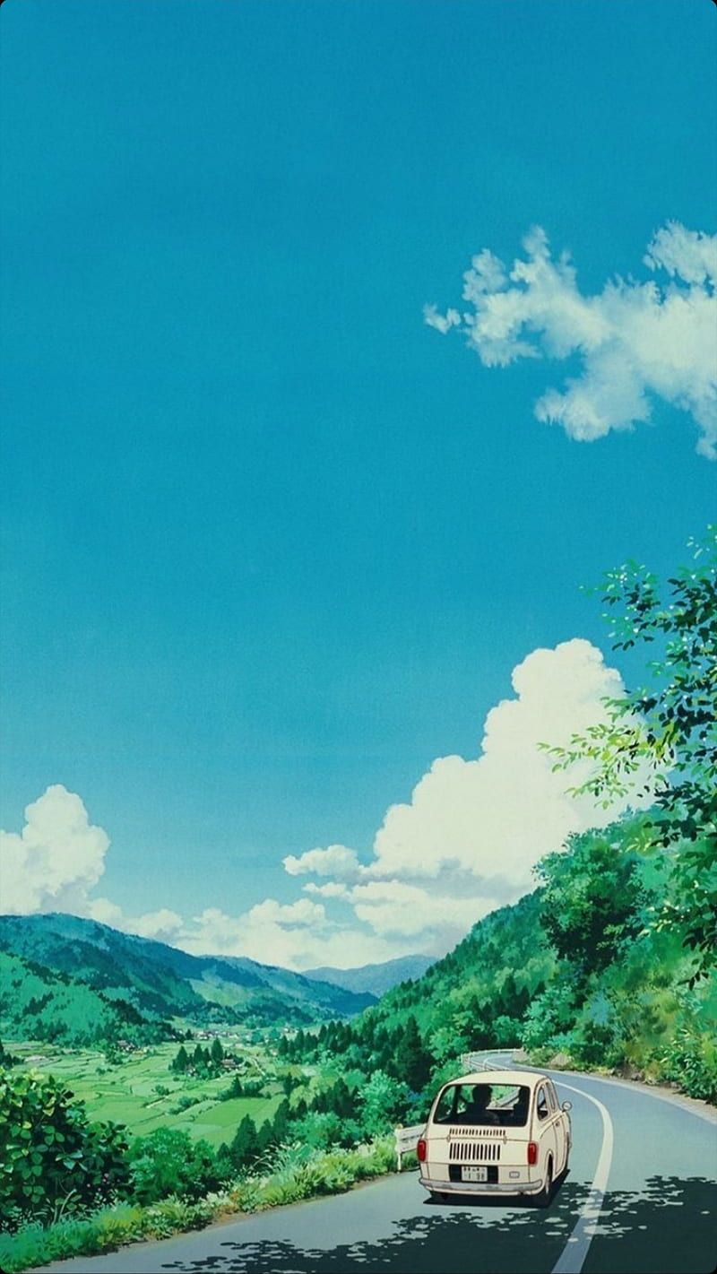 Car driving down a road with a beautiful mountain view - Anime landscape