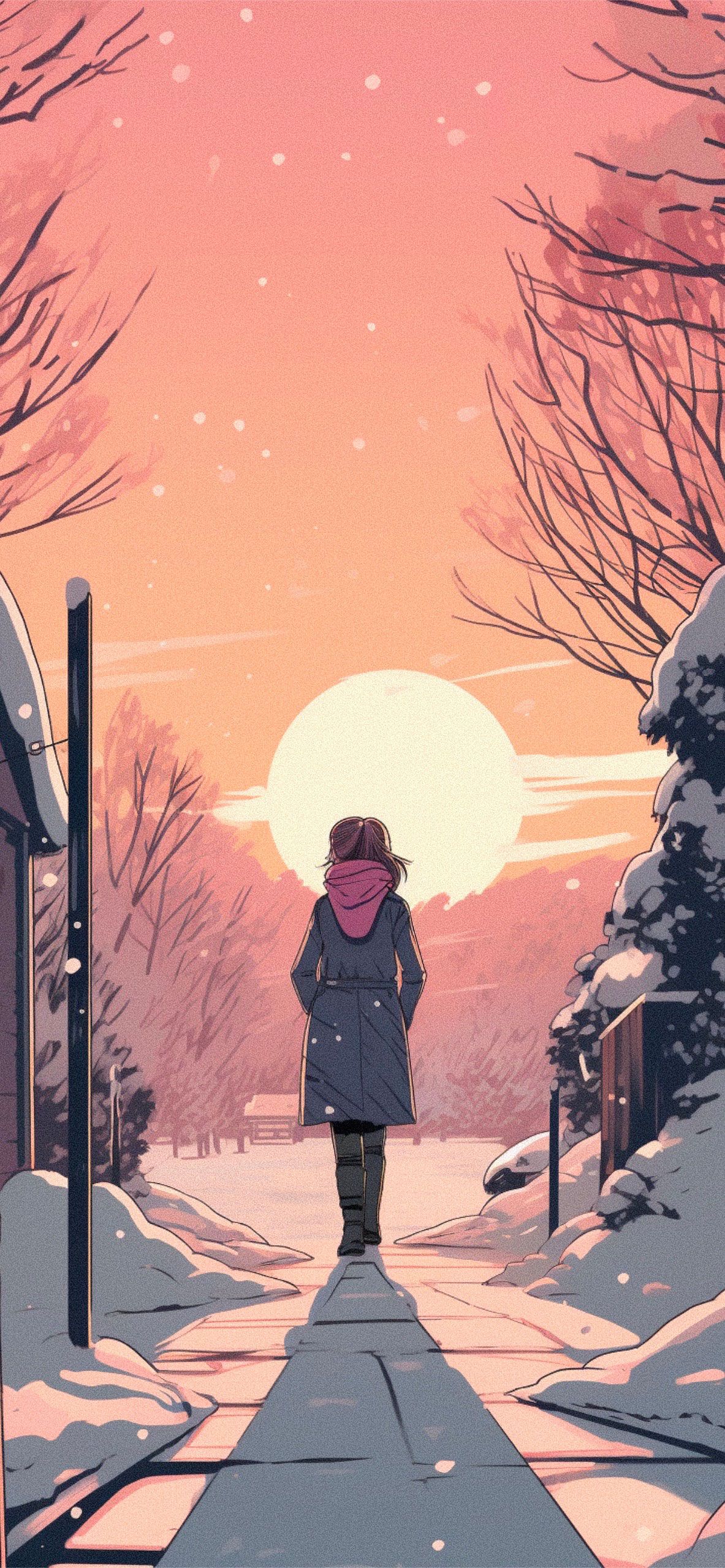 Winter Sunset and Girl Anime Wallpaper Wallpaper HD