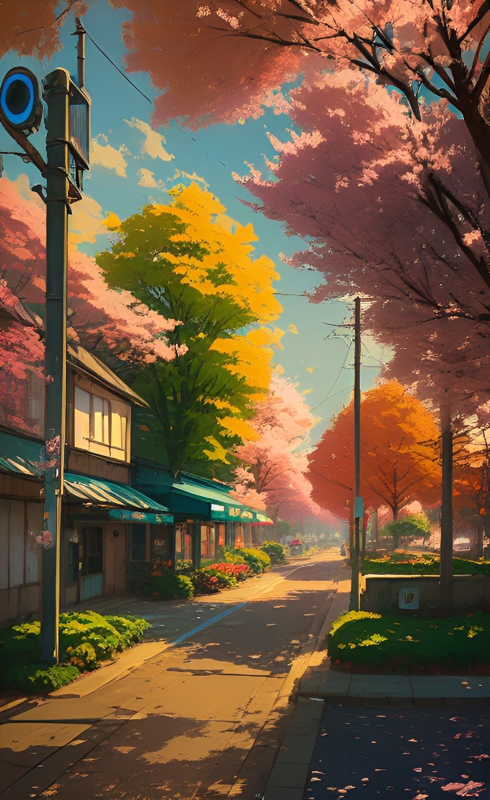 A beautiful scenery of a street with cherry blossom trees in the spring - Anime landscape