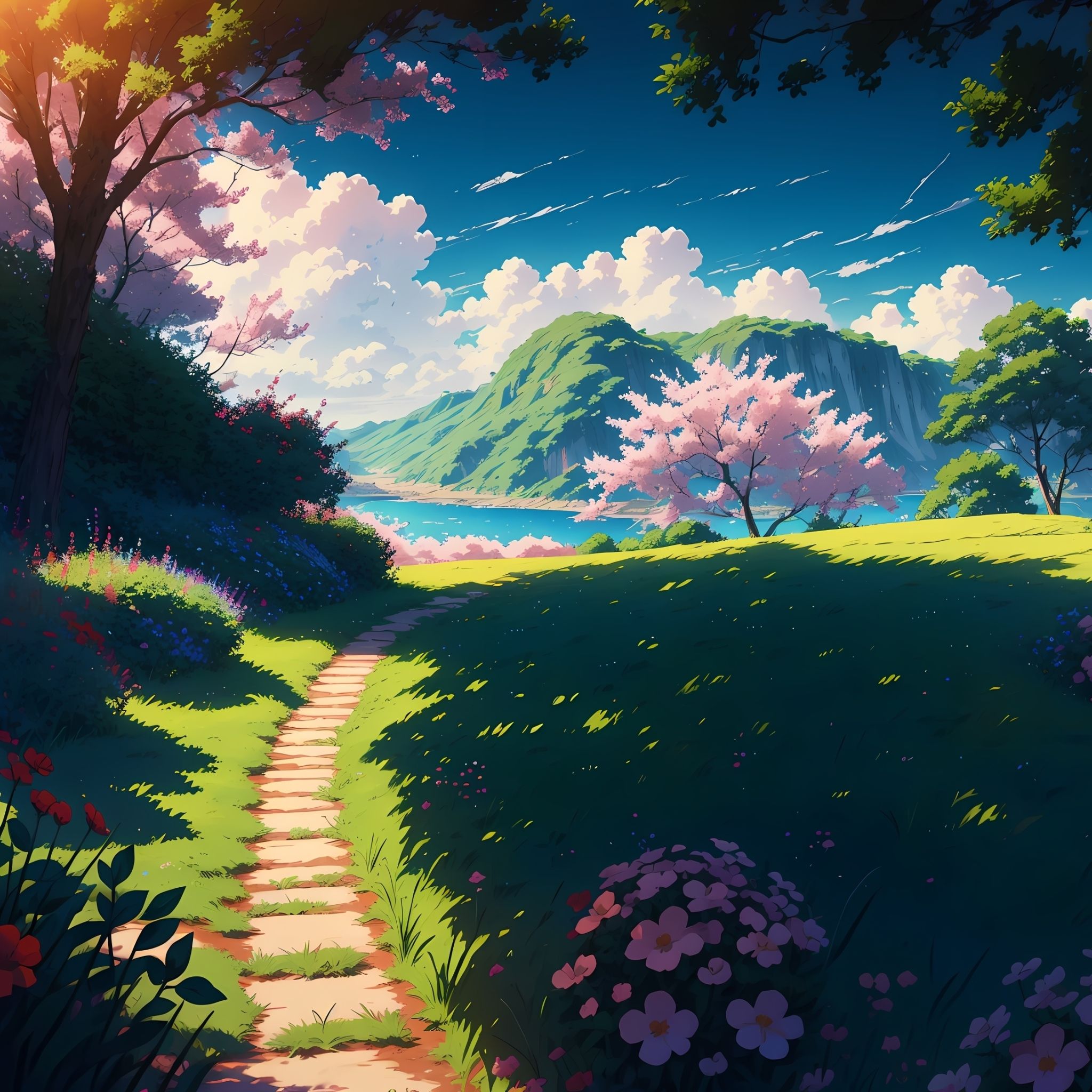 A anime style landscape with a stone pathway through a flower meadow, trees and mountains in the background - Anime landscape