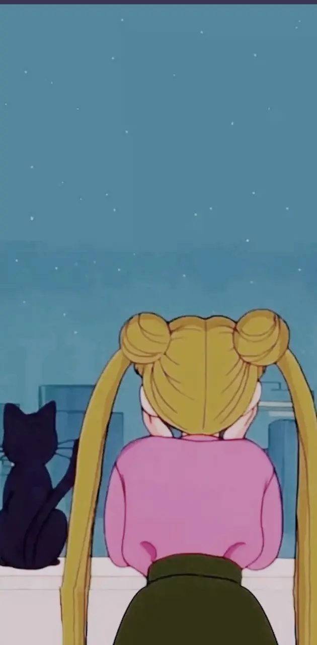 A black cat sitting next to a blonde girl with long hair - Sailor Moon
