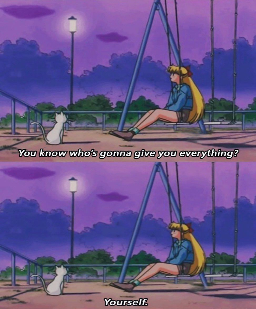 Usagi from Sailor Moon sitting on a swing with Luna the cat. Usagi is saying 