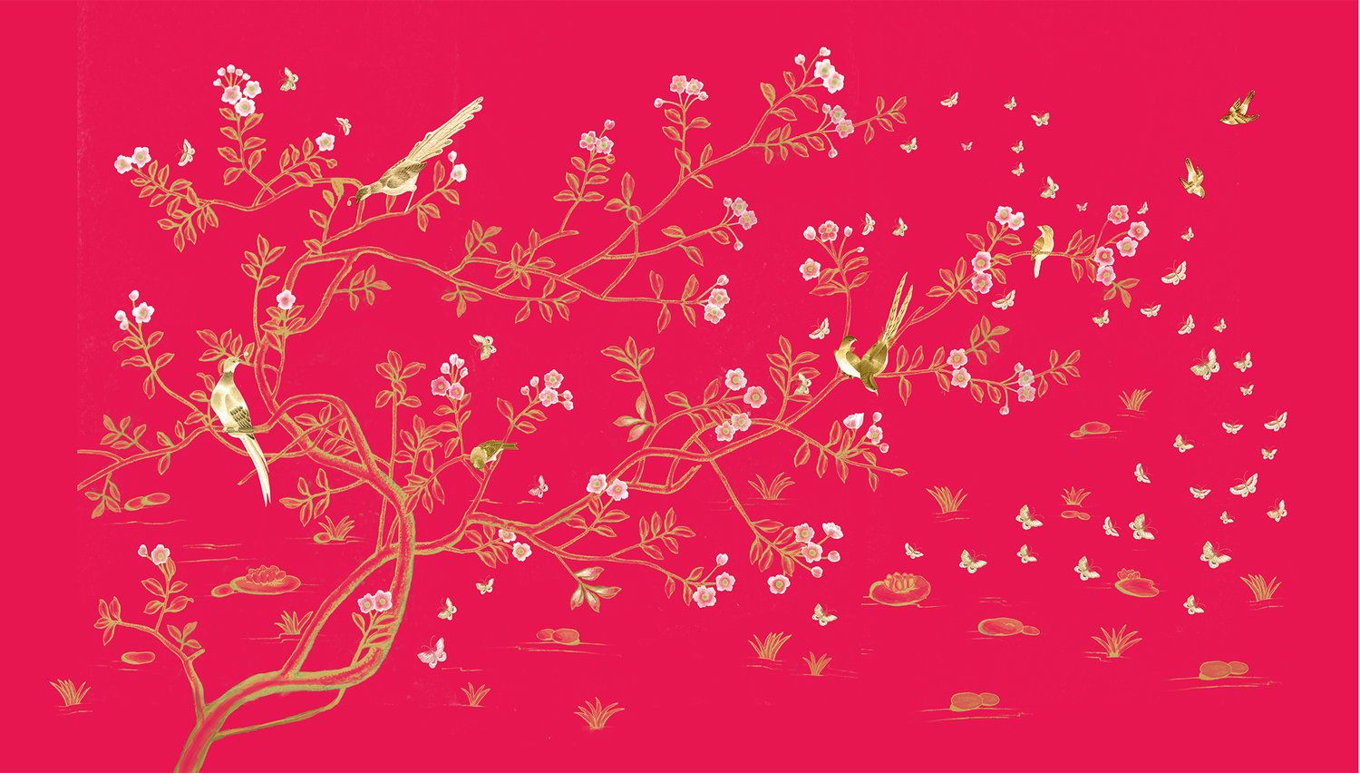 A chinoiserie design of birds and blossoms on a red background. - Crimson