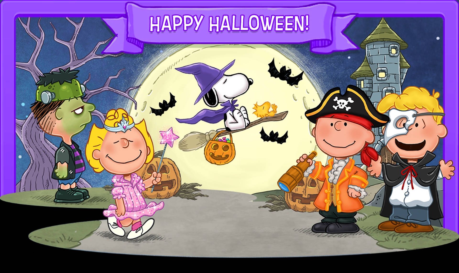 A Halloween scene with Charlie Brown, Snoopy, and friends. - Charlie Brown