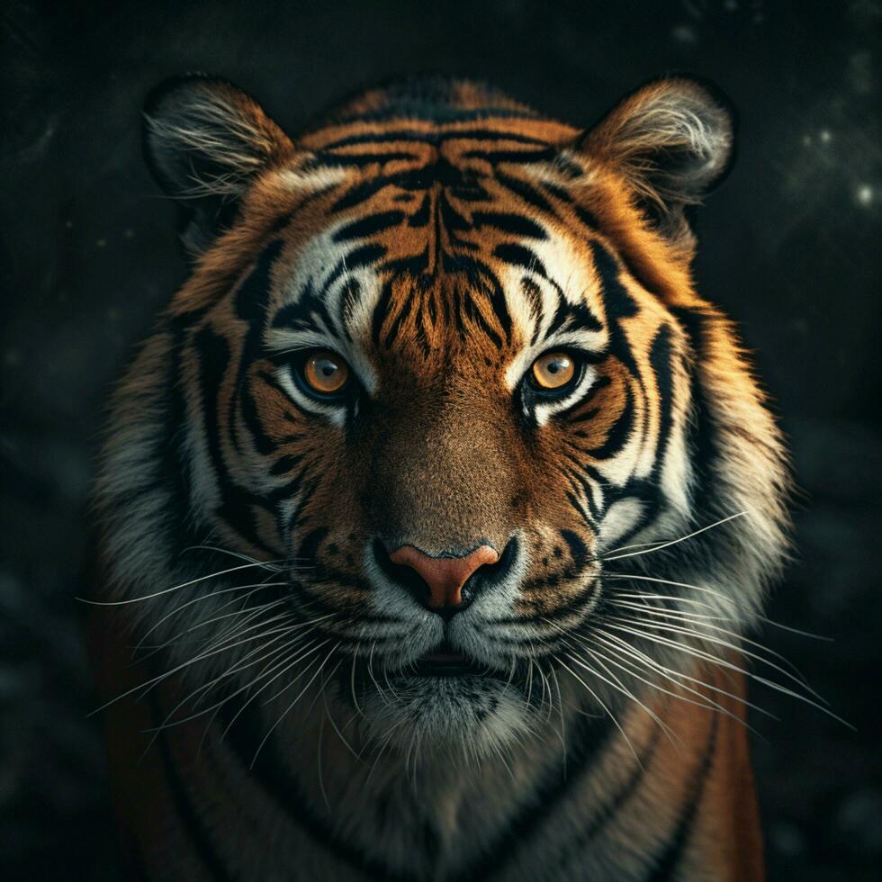 A tiger staring at the camera with a black background - Macro