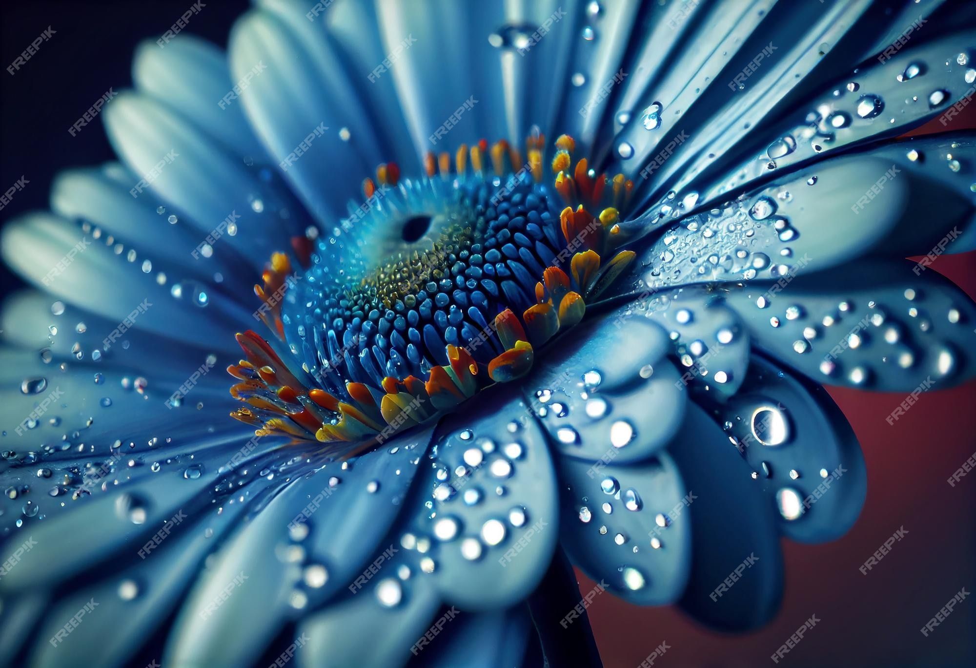 Premium Photo. Blue gerbera flower macro shot of a water drops falling on a flower petals