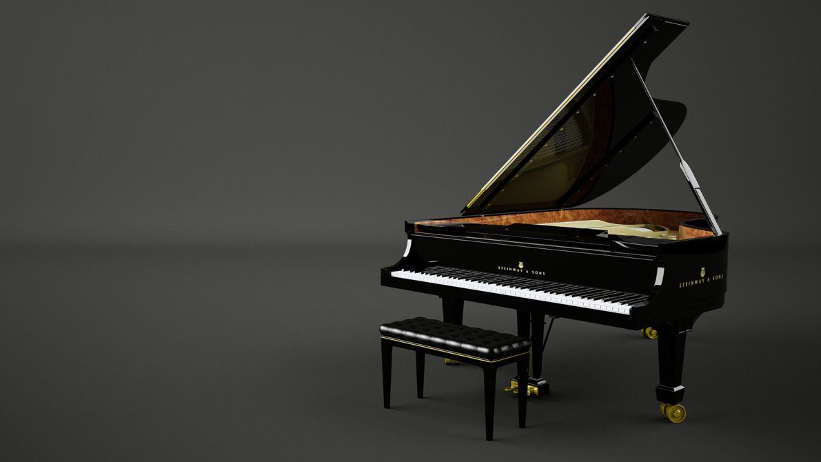 A black piano with bench sitting on gray background - Piano