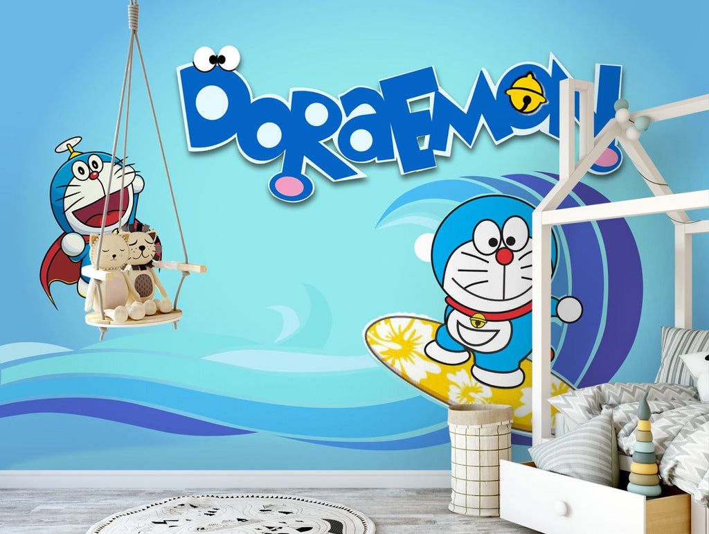 The wallpaper in the children's room is blue with Doraemon - Doraemon