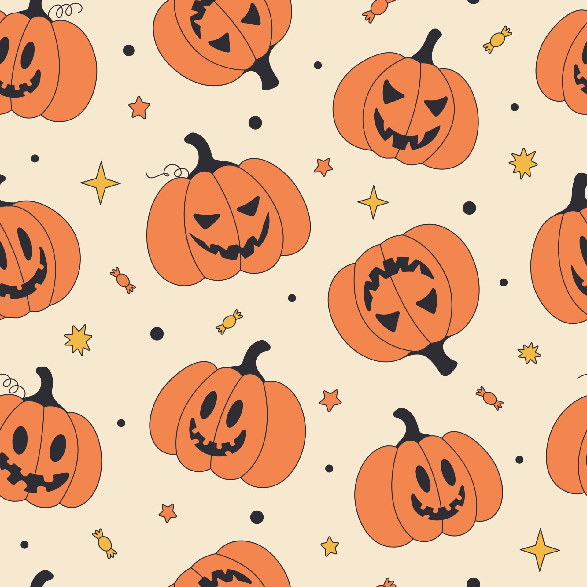 Seamless retro pattern for Halloween holiday with fun pumpkin jack o lantern. Childish vintage background for fabric, wrapping paper, textiles, wallpaper and apparel