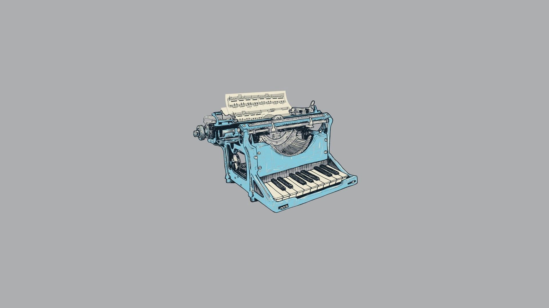 Illustration of a blue typewriter with sheet music coming out of it - Piano