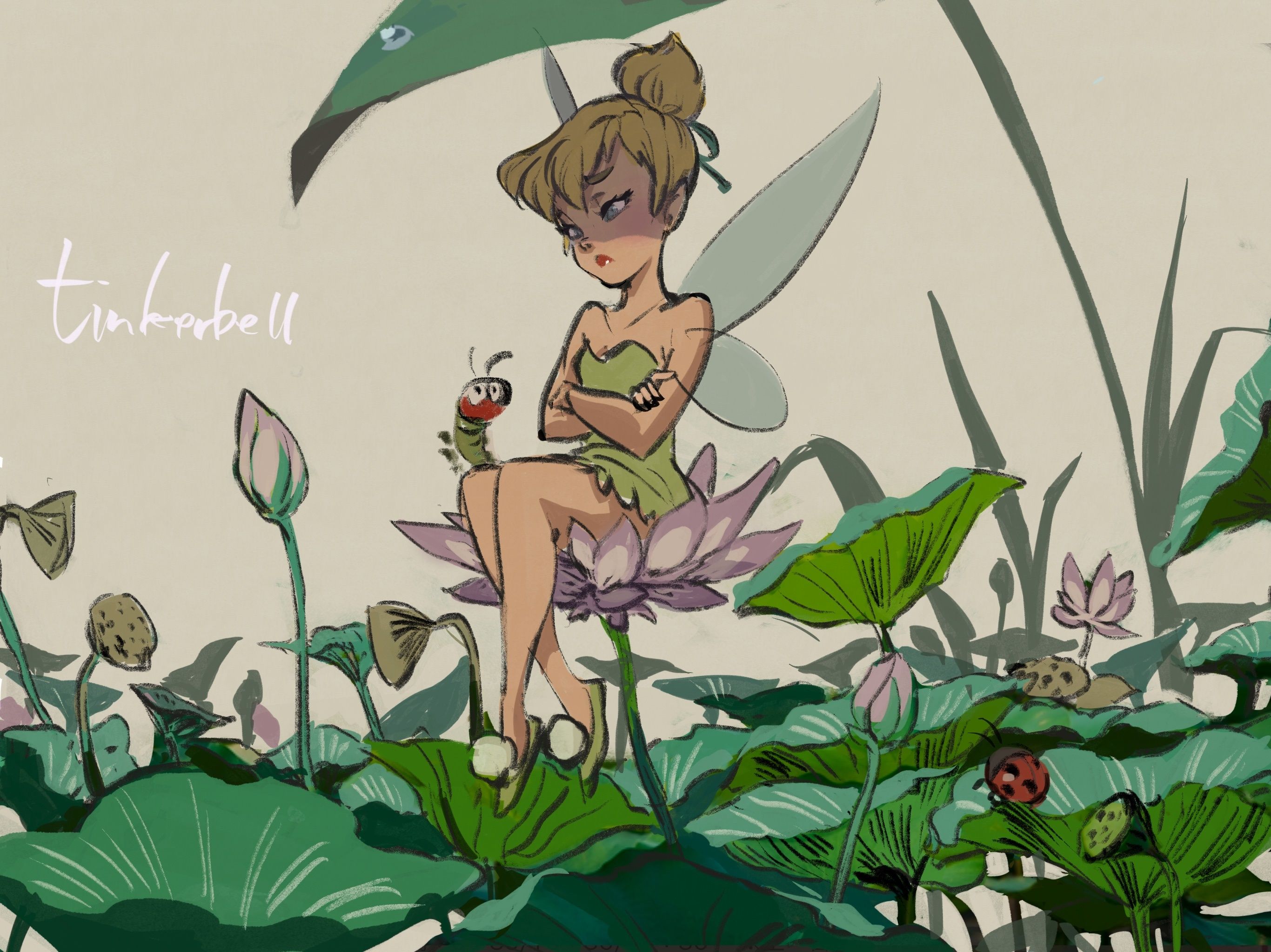 A tinkerbell sitting on top of some lilies - Tinkerbell