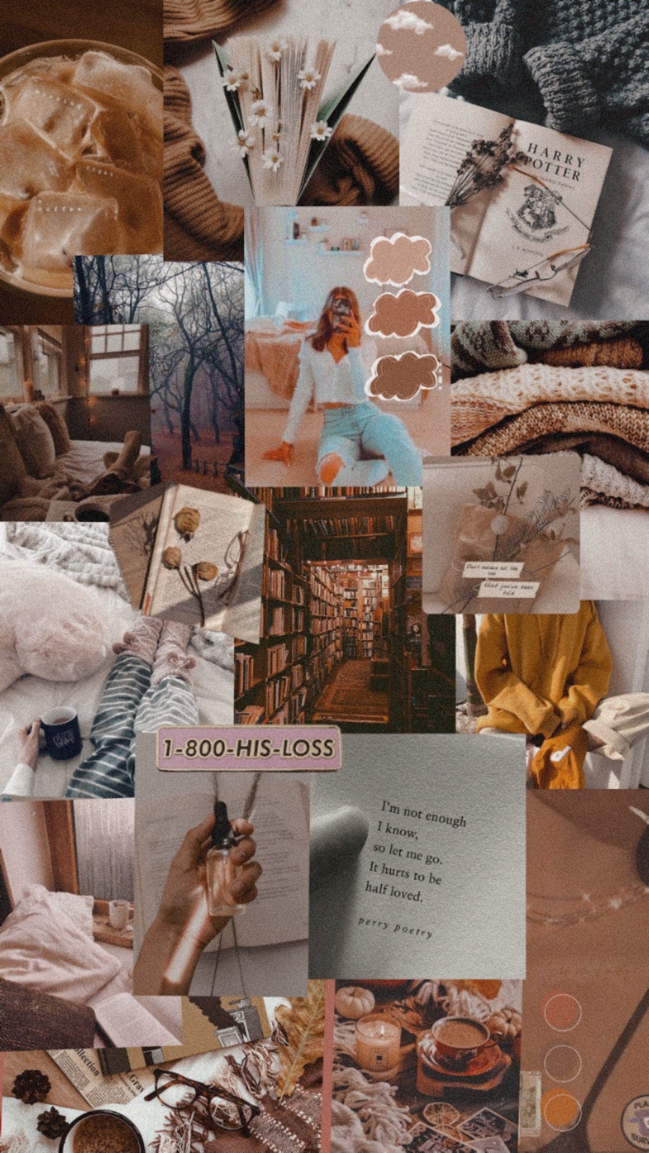 Aesthetic collage of photos of a girl, books, sweaters, a bowl of fruit, and a quote. - Brown, light brown, collage