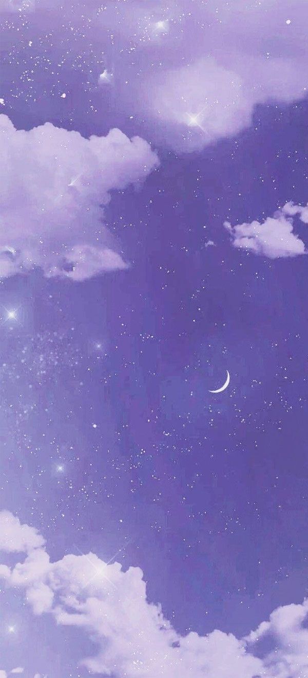 Aesthetic wallpaper of a blue sky with white clouds and a crescent moon - Pastel purple
