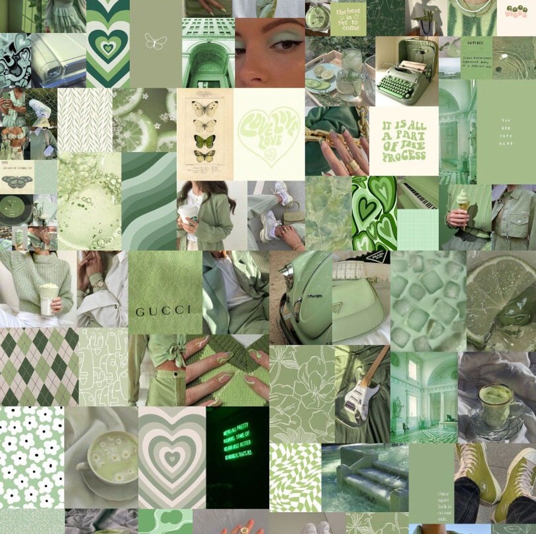 Green aesthetic collage background with Gucci and Fendi elements - Soft green