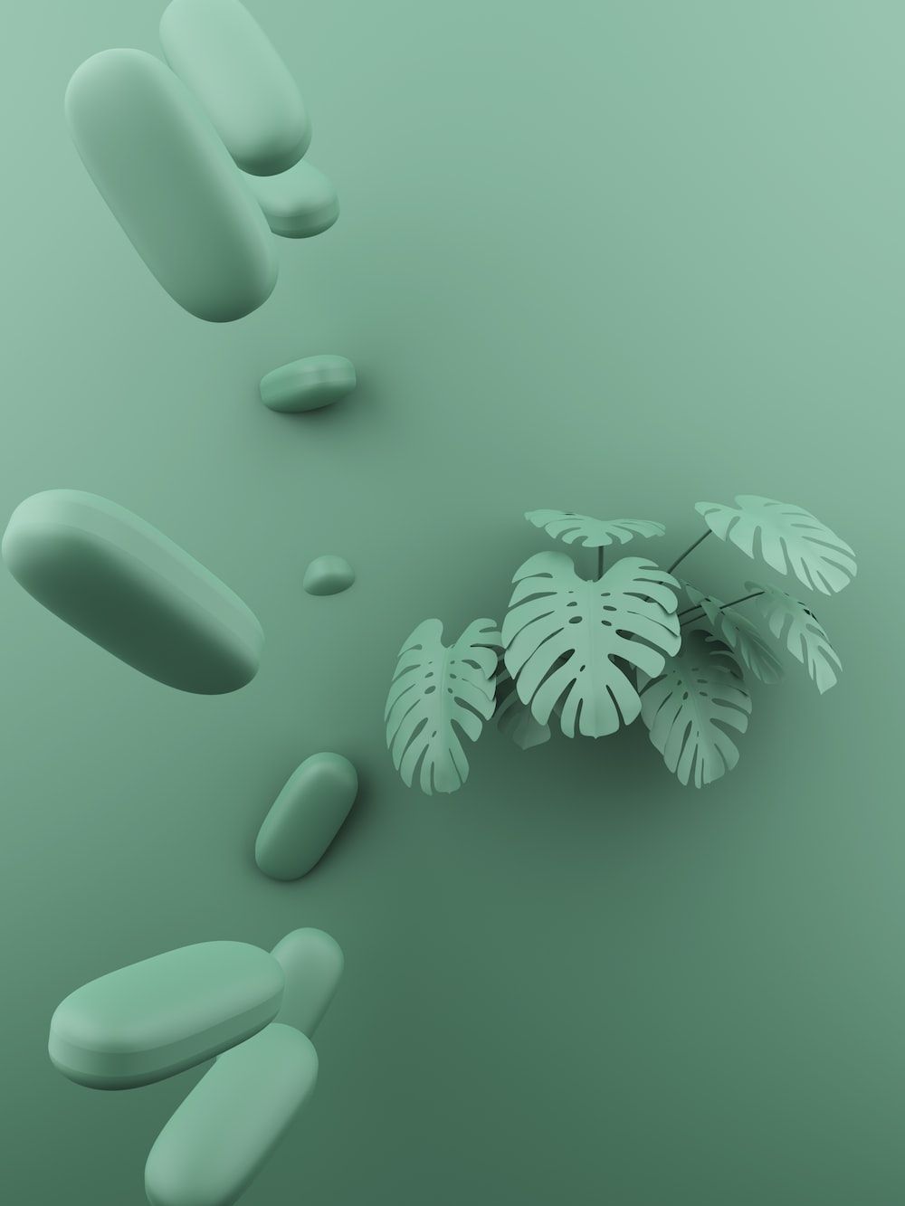 A 3D render of floating green leaves and stones on a green background - Soft green