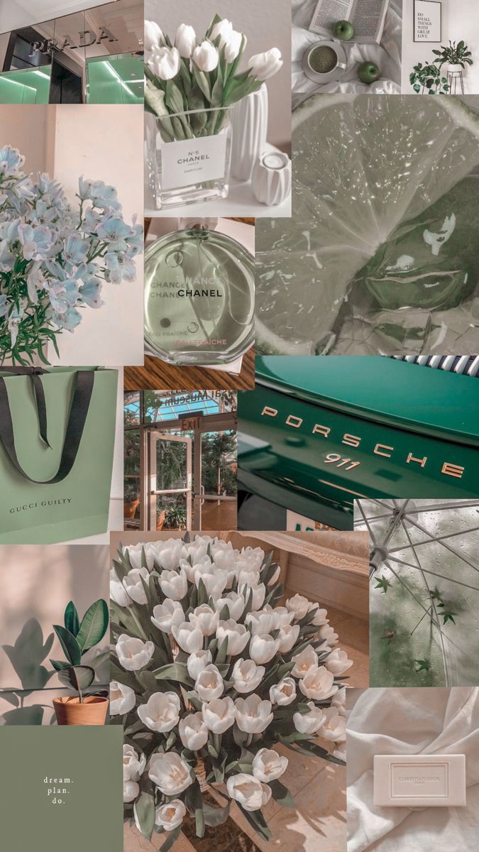 A collage of photos of flowers, cars, and perfumes. - Soft green