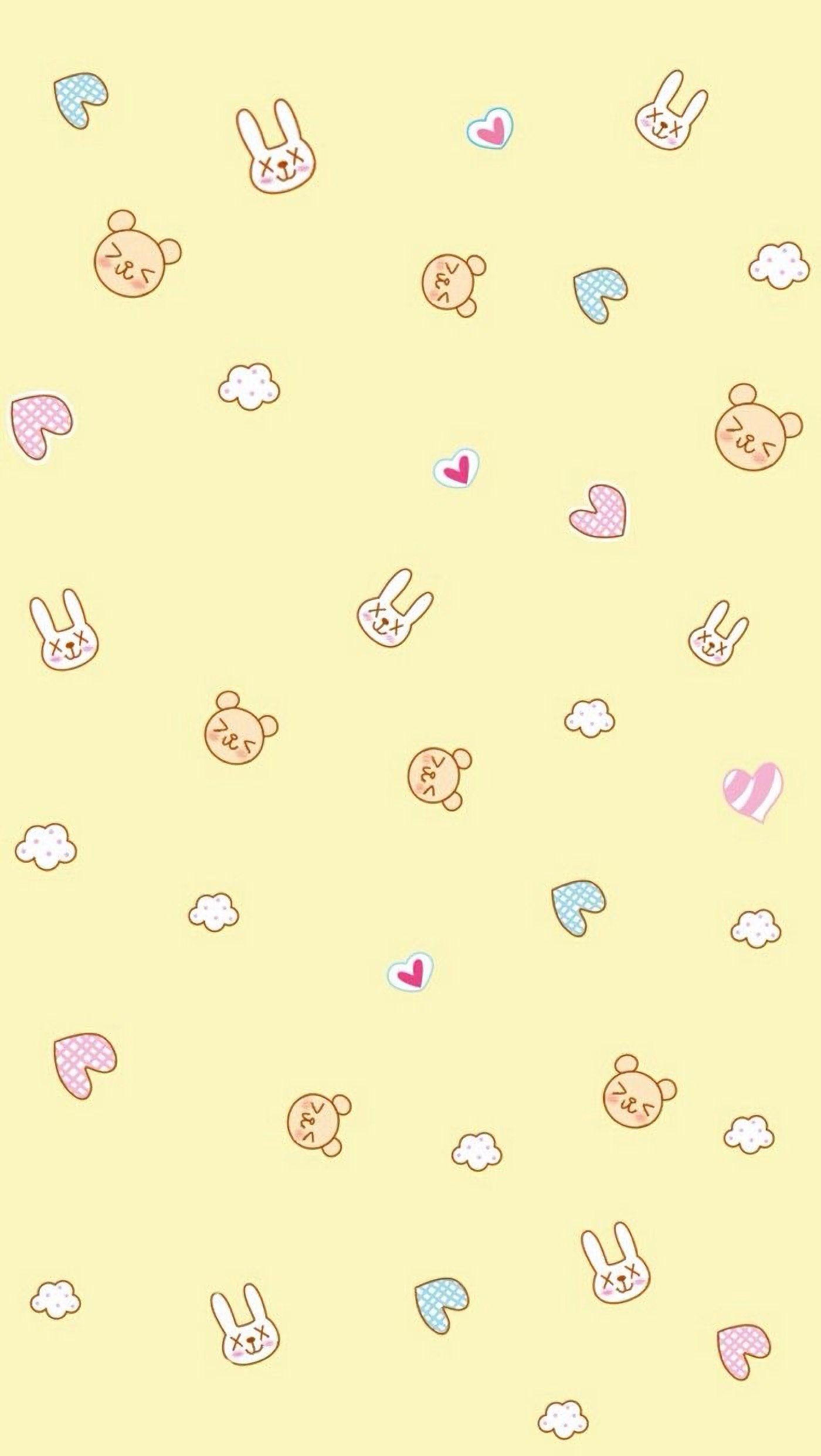 Wallpaper for phone, yellow background, with drawings of teddy bears, hearts and rabbits, in pastel colors - Cute iPhone