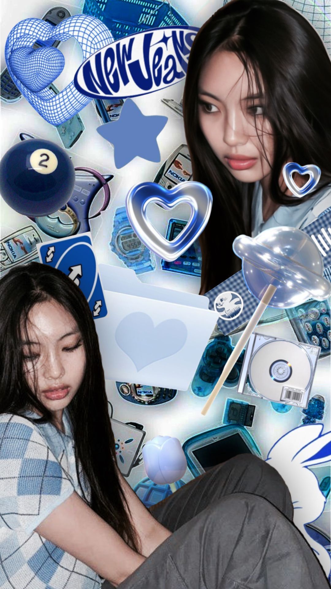 Aesthetic phone background of a girl with black hair and blue hearts - NewJeans