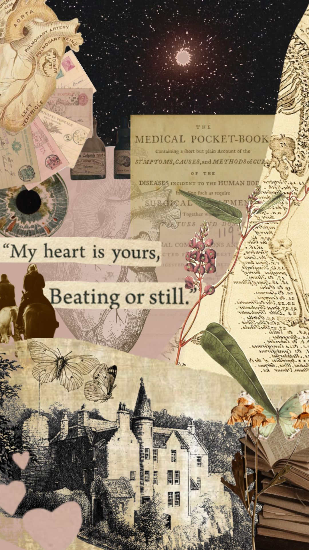 A collage of old papers, flowers, and a book with the words 