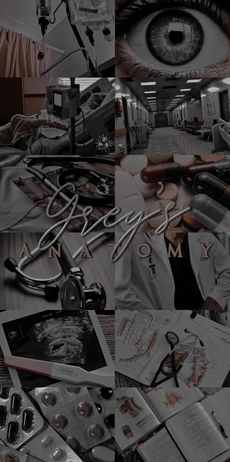 A Greys Anatomy collage featuring the show's logo, medical equipment, and scenes from the show. - Anatomy