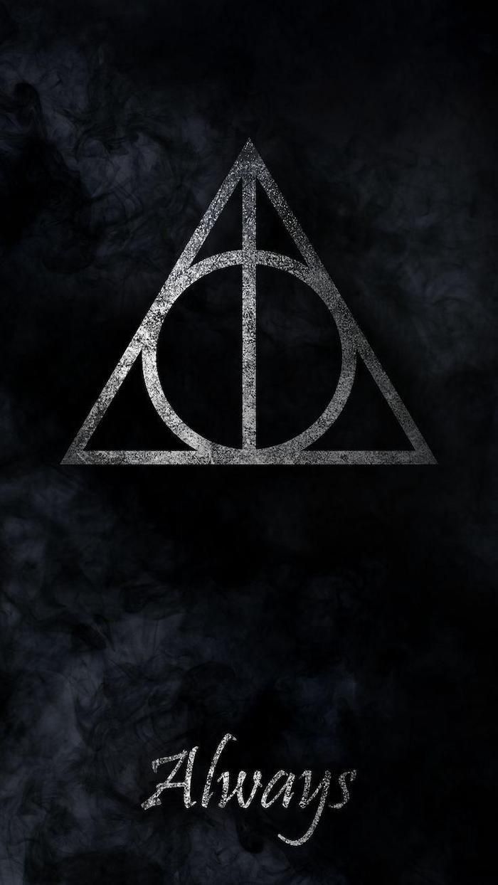 Harry potter wallpaper, black background, with grey smoke, deathly hallows symbol, always written in silver, at the bottom - Harry Potter