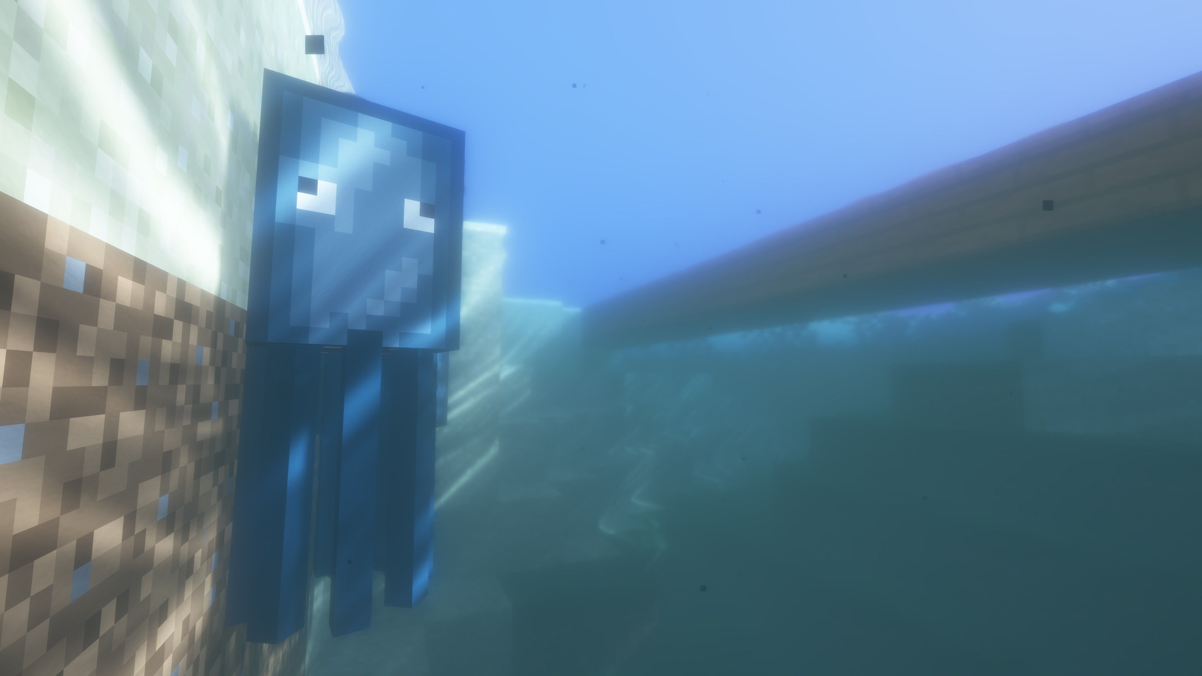 A Minecraft character swimming underwater in a 4K wallpaper. - Minecraft