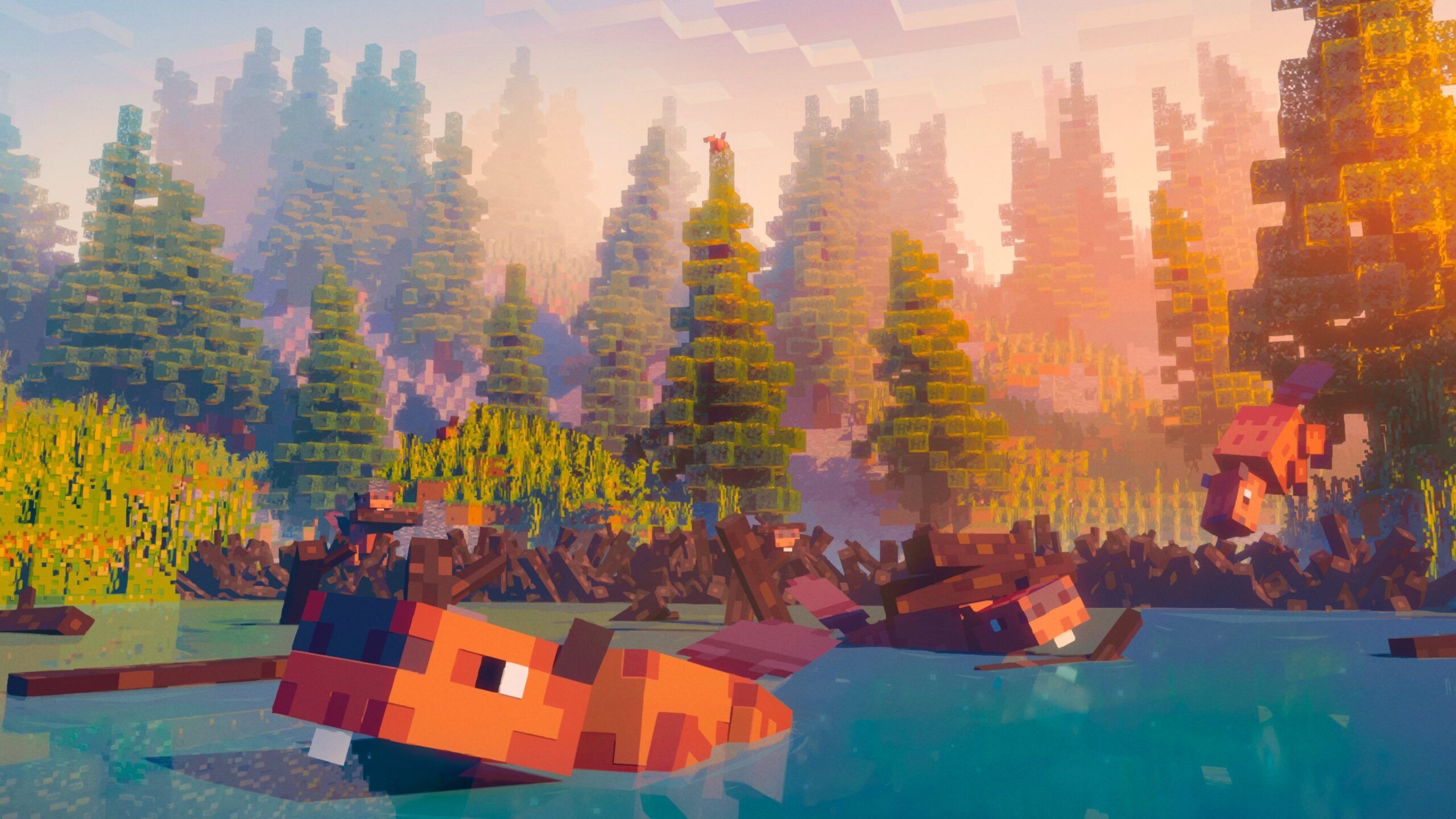 A Minecraft screenshot of a fox swimming in a lake - Minecraft