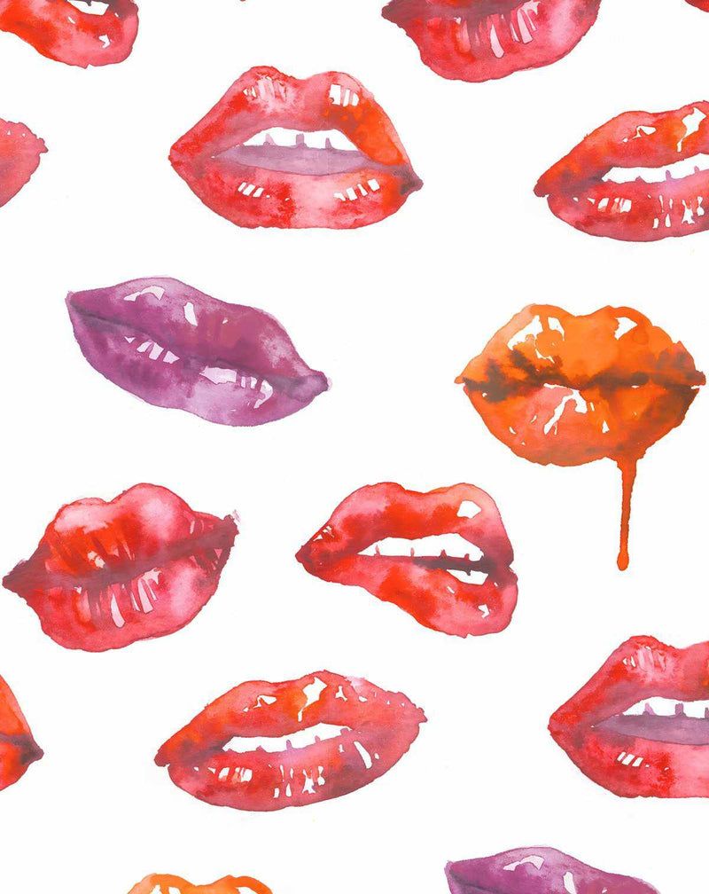 Watercolor pattern of lips in red, pink, and purple on a white background. - Lips
