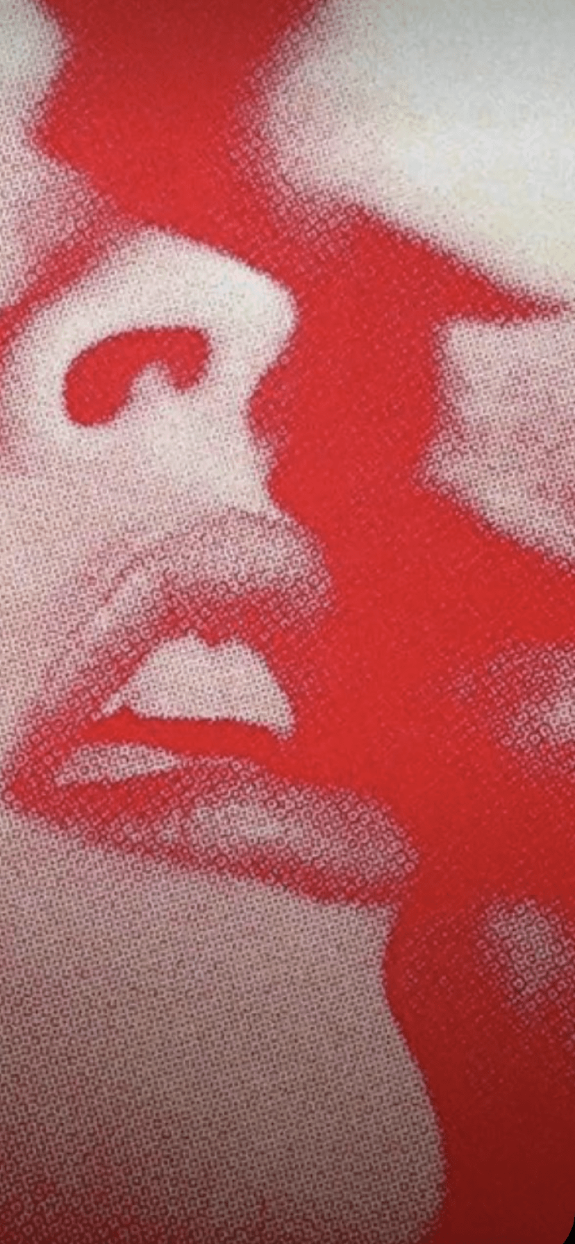 A red and white abstract painting of a woman's face. - Lips
