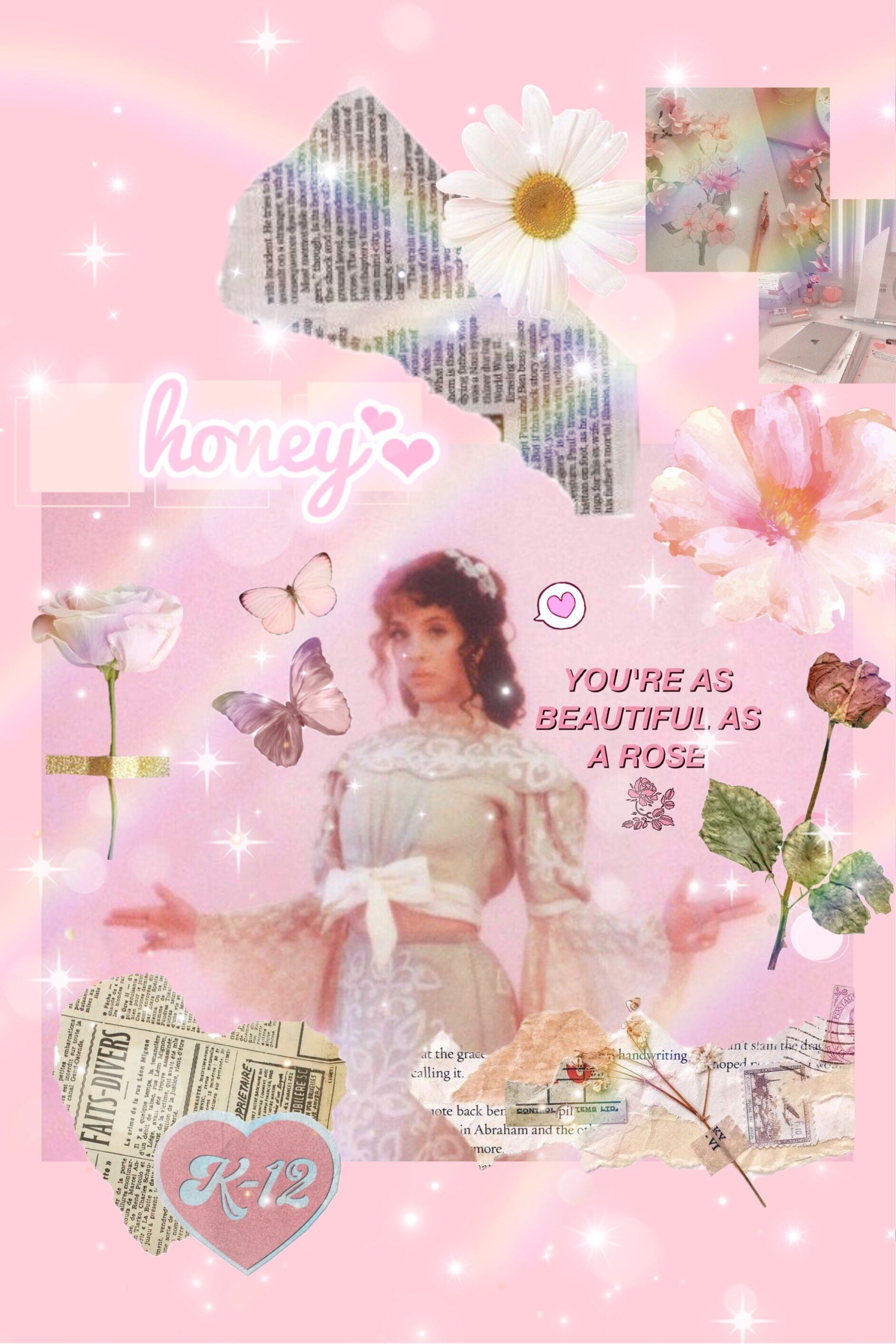 A collage of a woman, flowers, butterflies, and a heart on a pink background. - Melanie Martinez