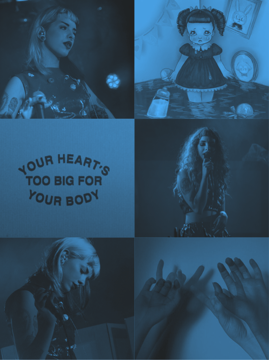 A blue aesthetic collage featuring images of a person, a creepy doll, a woman with her hands up, and the lyrics 