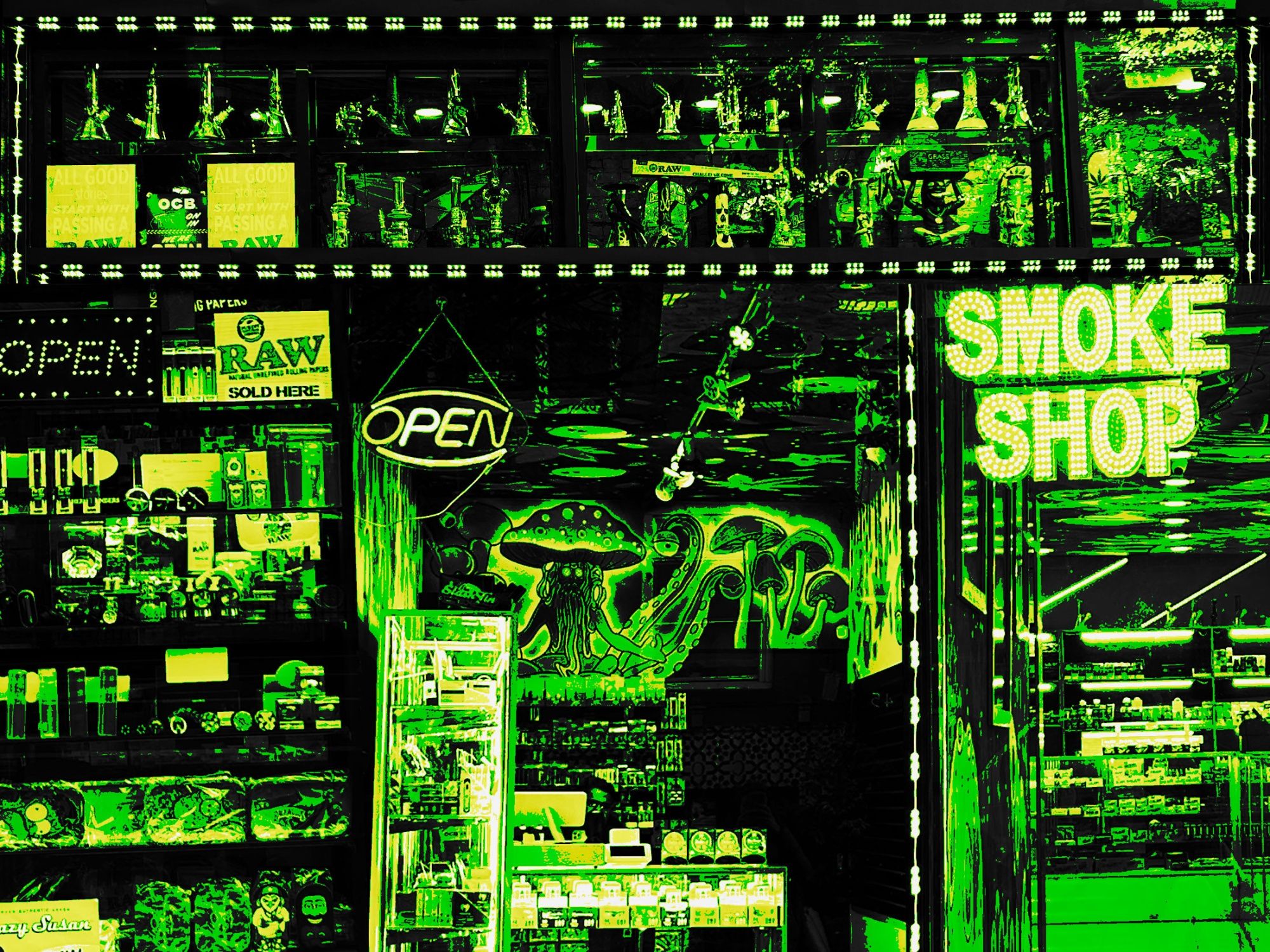 A neon sign that says smoke shop is lit up in a dark room. - Lime green