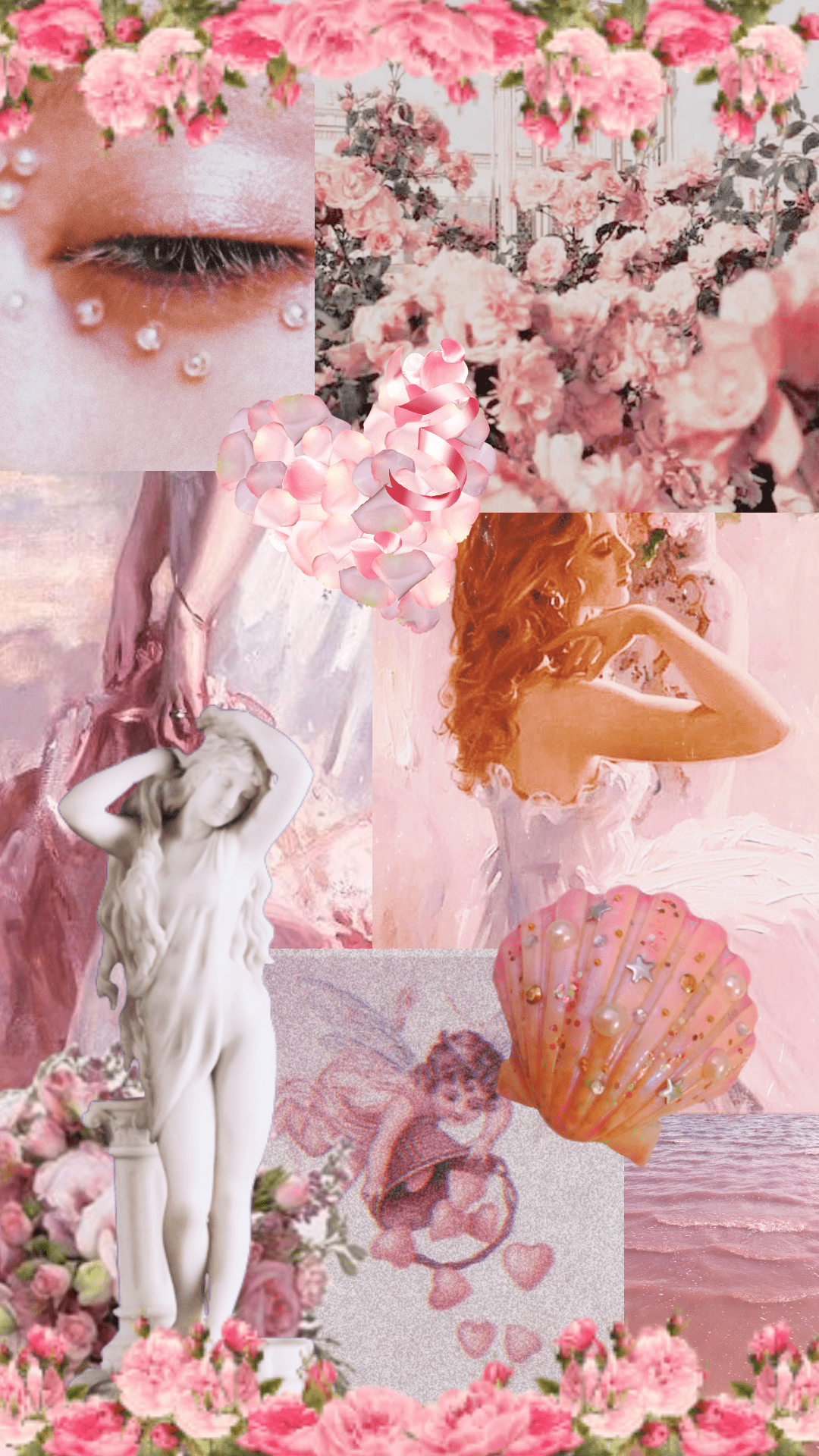 A collage of images in pink and white, including flowers, a statue, and a girl. - Greek mythology