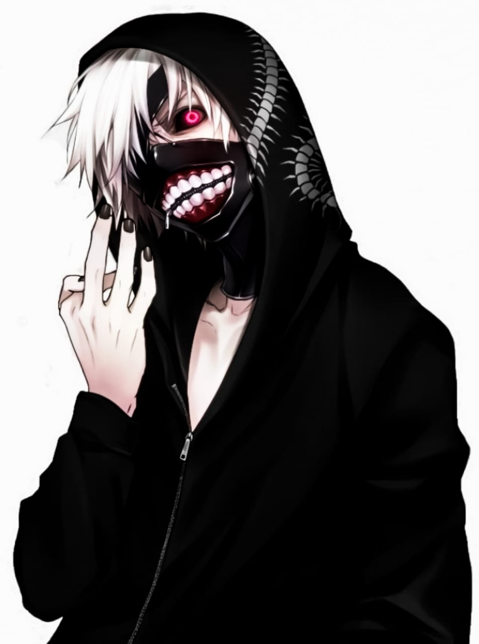 A guy with a black hood and a black jacket with a white haired wig and a creepy mask - Tokyo Ghoul