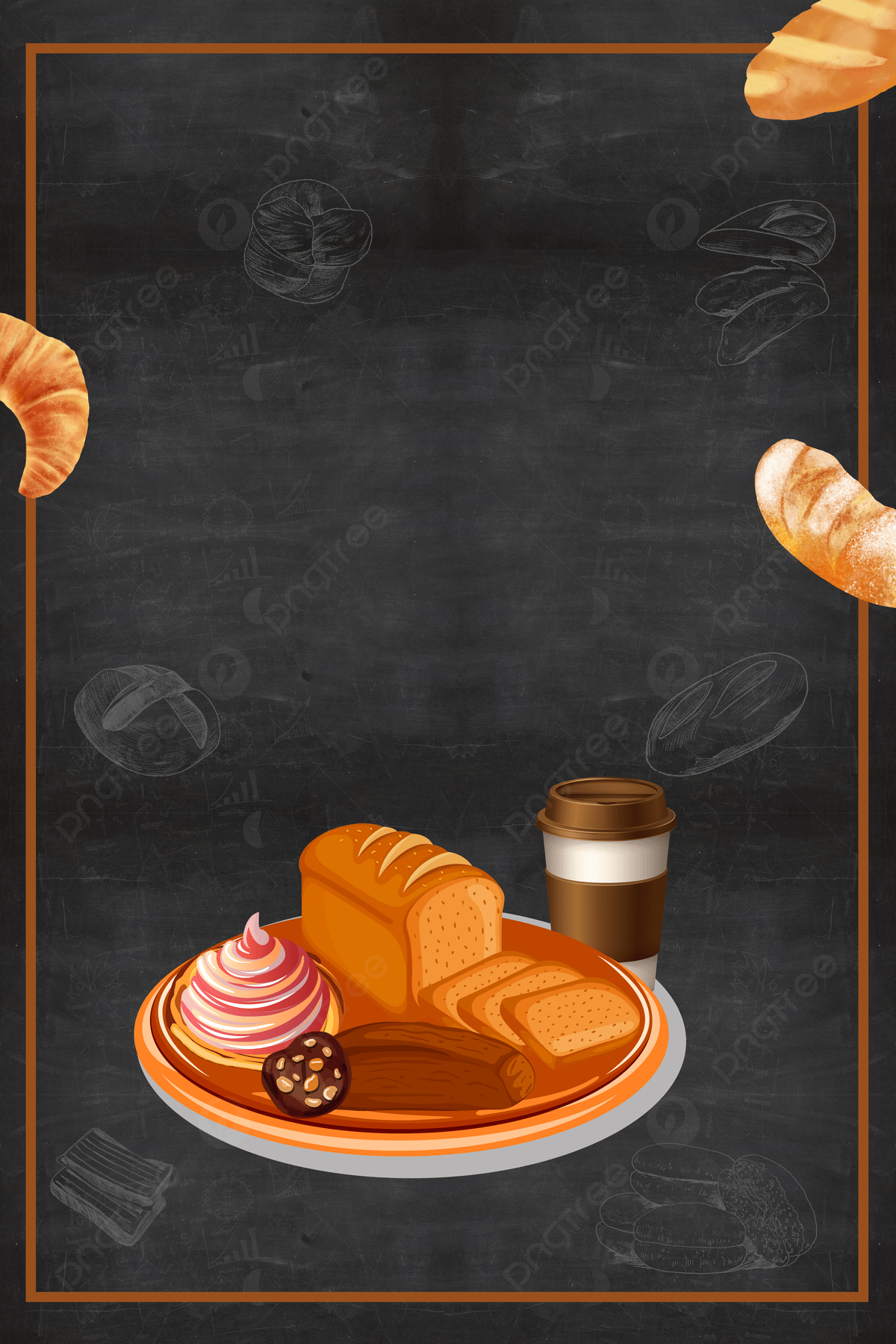 A hand drawn illustration of a plate of bread, a cup of coffee, and a pastry. - Bakery