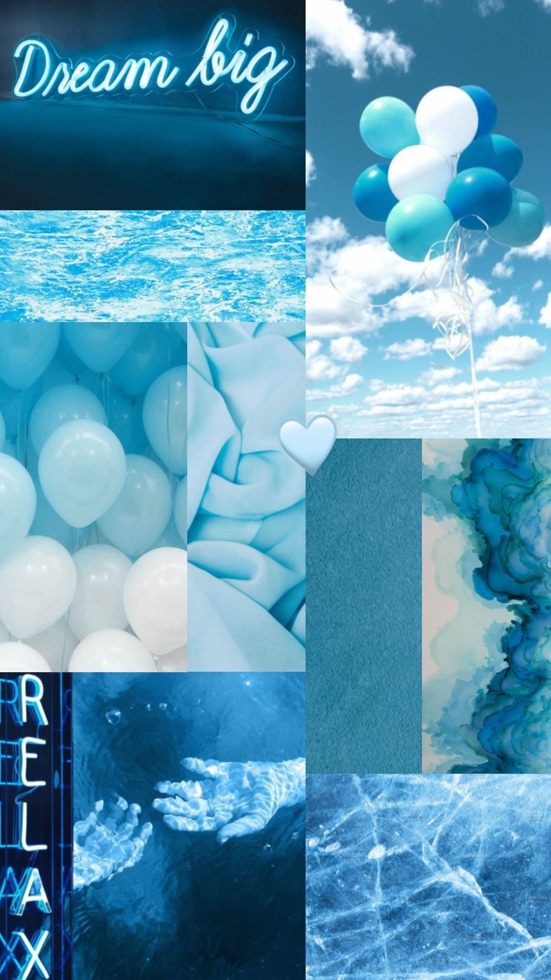 A collage of blue aesthetic images including balloons, clouds, and water. - Pastel blue