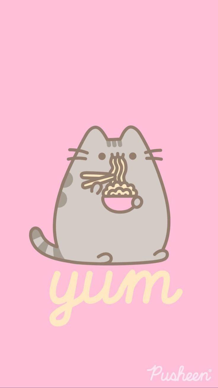 A wallpaper of a cat eating noodles - Pusheen