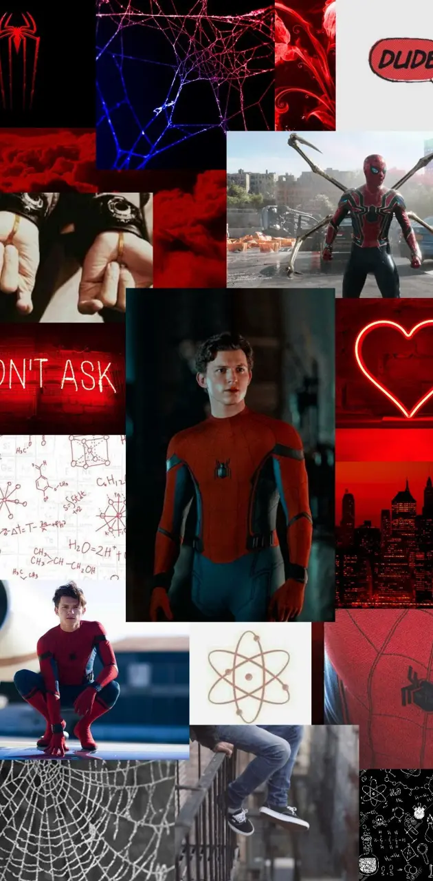 A collage of Spider man images including the latest movie. - Tom Holland