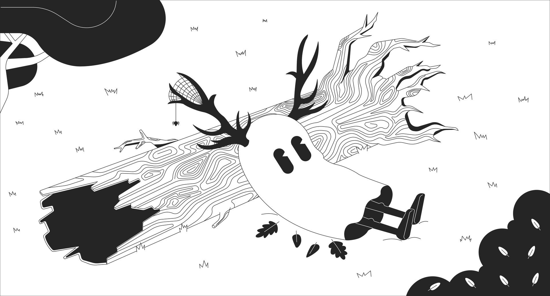 Cute ghost in melancholy autumn forest black and white lofi wallpaper. Spirit with deer antlers 2D outline character cartoon flat illustration. Fallen tree trunk vector line lo fi aesthetic background Vector