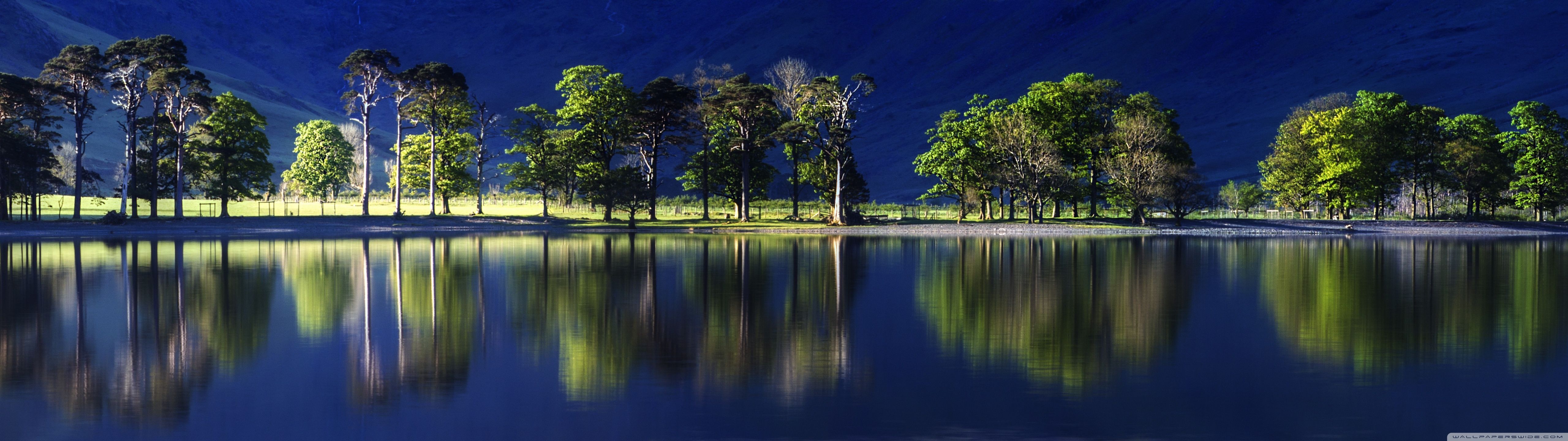 Trees reflecting in a lake - 5120x1440