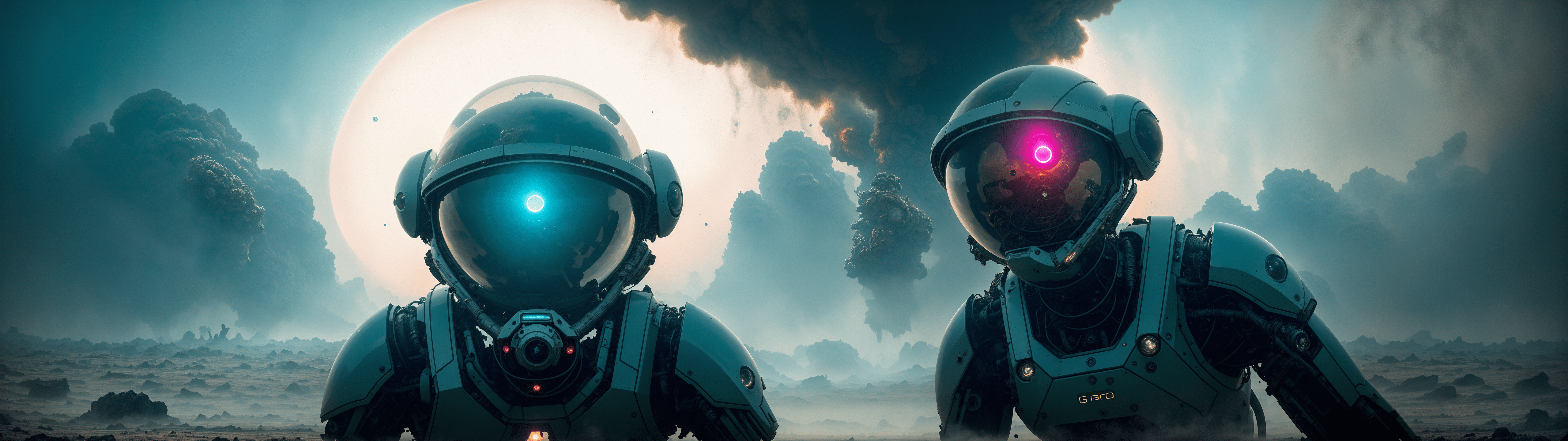 Two astronauts in space suits on a barren planet - 5120x1440