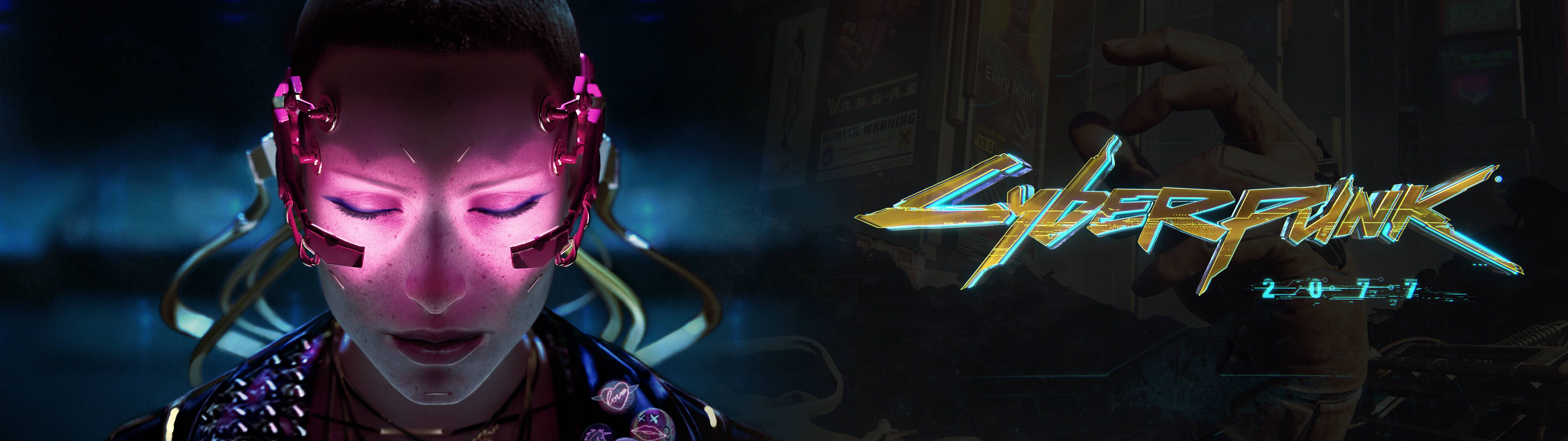 Cyberpunk 2077 wallpaper - A cybernetic geisha with glowing eyes and a glowing Cyberpunk logo - 5120x1440
